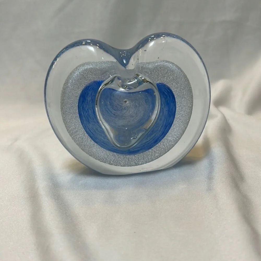 Hand Blown Studio Art Glass Blue Heart Shaped  Vase